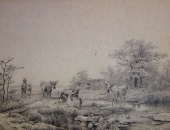 Konstantin Bauer (1852-1924), Cows at pasture on the water, 1867