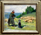 Andreas Bach (1886-1963), Shepherd with Dog herding Sheep