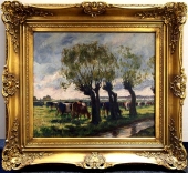 Albert Baur (1867-1959), a sunny day Angersbach (Niederrhein) with cows in the pasture