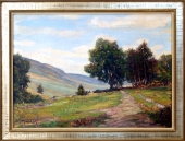 F. Shubert (20th century), a sunny hillside with trees on the roadside