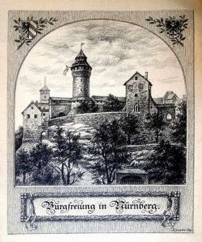 Zeichnung von Zinnecker, Burgfreiung in Nürnberg, Stadtwappen