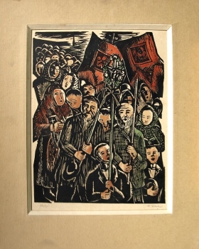 Procession, colored woodcut Hungary? ca. 1920