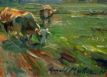 Arnold Moeller, Bäuerin mit Ochsenfuhrwerk auf dem Weg