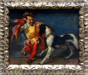 Anselm Feuerbach zugeschrieben, Hofnarr mit Hund und Papagei