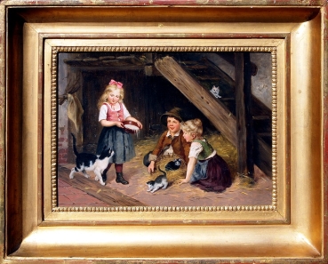 Felix Schlesinger (1833-1910) zugeschrieben, Kinder beim Spielen mit einer Katzenfamilie