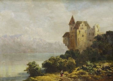 Ludwig Correggio, Landschaftsgemälde Schloss am See (Oberitalien?)