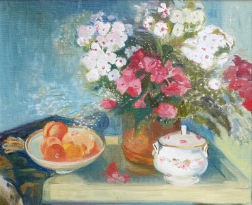 Georg Weidenbacher, Blumenstillleben mit Zuckerdose und Pfirsichen