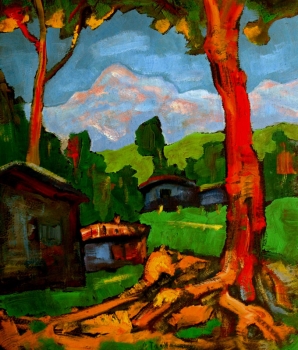 Joles Bickel-Schultheis, landscape with blue houses, signed. Troffac