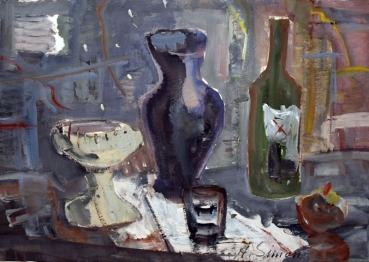 Joles Bickel-Schultheis, vase, glass, wine bottle, sign. Simon