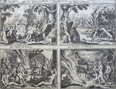 Matheus d. Ä. Merian, Mores et Rites Veterum Germanorum (Kupferstich 1649 aus "Theatrum Europaeum",Theatrum Europaeum war eine Zeitschrift zur Geschichte des deutschsprachigen Raums von Matthäus Merian, herausgegeben zwischen 1633 und 1738)