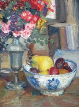 Anton Rauh, Tischstillleben mit Blumen und Früchteschale