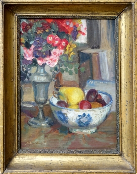 Anton Rauh, Tischstillleben mit Blumen und Früchteschale