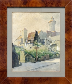 J. Lorz, Zerstörte obere Krämersgasse mit Blick auf die Nürnberger Kaiserburg