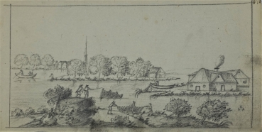 unknown, river landscape with anglers and fishermen in front of a village