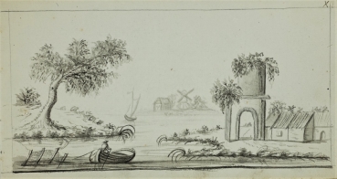 unknown, river landscape with oarsmen in front of ruin