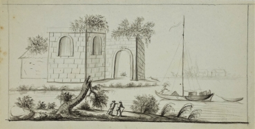 unknown, river landscape with ruin and hikers