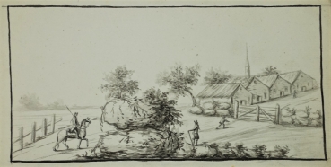 unknown, horseman in front of village