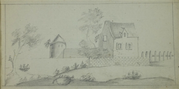 unknown, small farmhouse with wall and tower