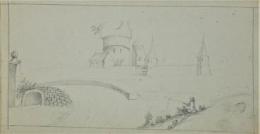 unknown, sketch of an fisherman in front of bridge