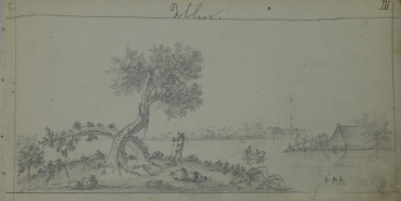 unknown, River landscape with hunter and rowboat in front of a village