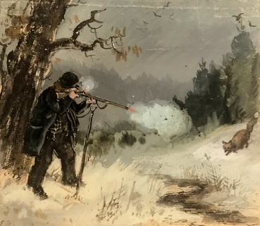 Monogrammist E. H., Hunter in a wintry landscape during a fox hunt