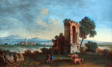 Landscape with a ruin in front of a monastery with a viaduct near Rome