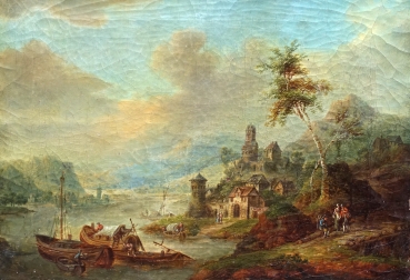 Franz Schuetz (attributed), Wide river landscape with city walls and ruins