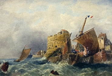 Monogramist C.M., storm in front of French coastal town