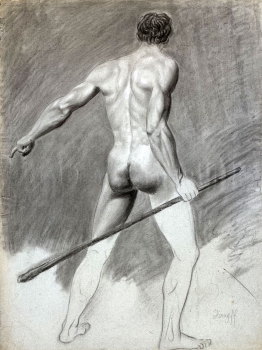 Illegibly signed, Male back nude with stick