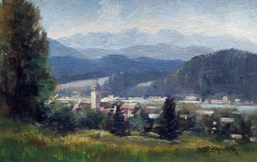 Josef Eringer, Dorf mit Voralpenlandschaft