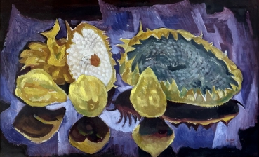 Dore Meyer-Vax, Tischstillleben mit Sonnenblumen und Zitronen