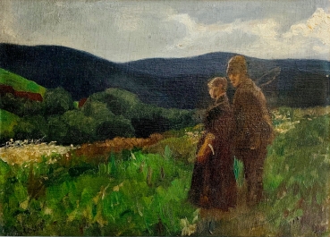 Unknown, peasants linger in the hilly landscape