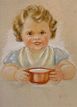 Elisabeth Thalmann, Girl at dinner, original watercolor, template for enclosed postcard