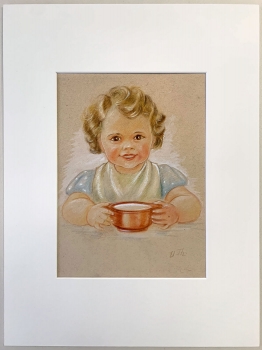 Elisabeth Thalmann, Mädchen bei Essen, Original Aquarell, Vorlage zur beiliegenden Postkarte