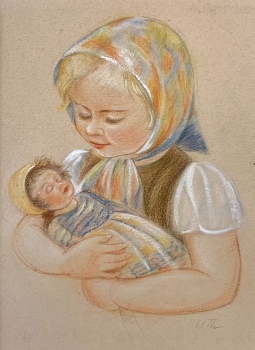 Elisabeth Thalmann, Mädchen mit Puppe, Original Aquarell als Vorlage zur beiliegenden Postkarte