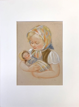 Elisabeth Thalmann, Girl with doll, original watercolor as a template for the enclosed postcard