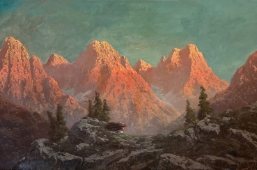 Unknown, Alpenglow with mountain cabin