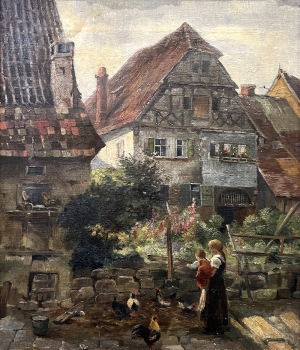 Johann Sperl zugeschrieben, Bäuerin mit Kind vor einem Fachwerkhaus