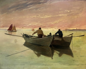 Archibald McNeill Barber, Italian fishermen with their boats in the evening light - Bargone