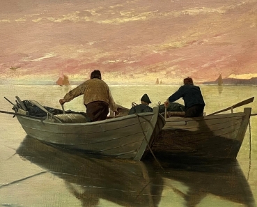 Archibald McNeill Barber, Italenische Fischer mit ihren Booten im Abendlicht - Bargone (1877)