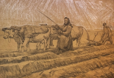Andreas Bach, Pflügende Bauern mit Ochsen Fuhrwerk