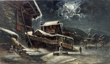 Unknown, Winter village view by moonlight