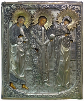 Russian icon with silver oklad, religious depiction