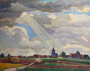 Karl Seubert, Nuremberg, Fürth, Knoblauchsland with a view of a village church, possibly St Peter and Paul Church in Poppenreuth