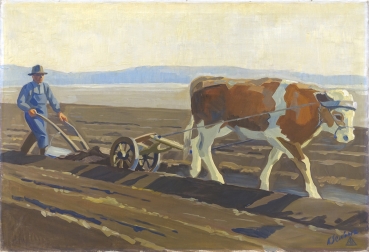 Karl Seubert, field work - A cow and a farmer