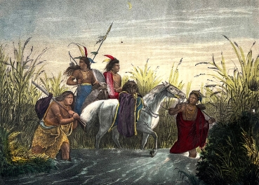 Indians crossing a small river original hand colored lithograph around 1850