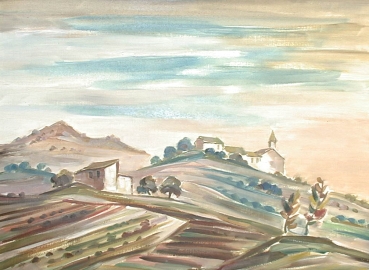 Ludwig Schäfer-Grohe, Landschaft mit Kirche in der Abenddämmerung