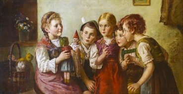 Edmund Adler, Kinder in der Stube mit Clown und Puppe