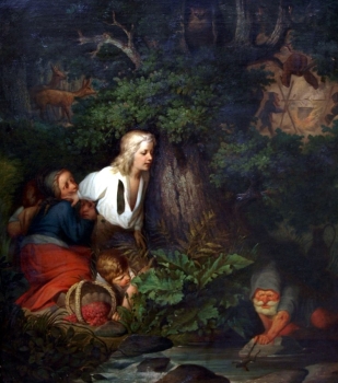 Carl Gehrts, children in the woods watching a dwarf