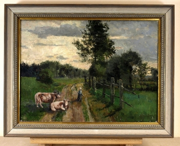 Louis Ludwig Boller (1862-1896) zug., Landschaft mit Bäuerin und zwei Kühen, 1885